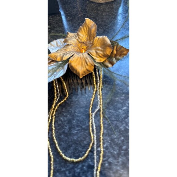 Vintage 1970\'s Handmade Hair Comb Faux Tortise Shell Gold Flower Silver Leaves main image 6